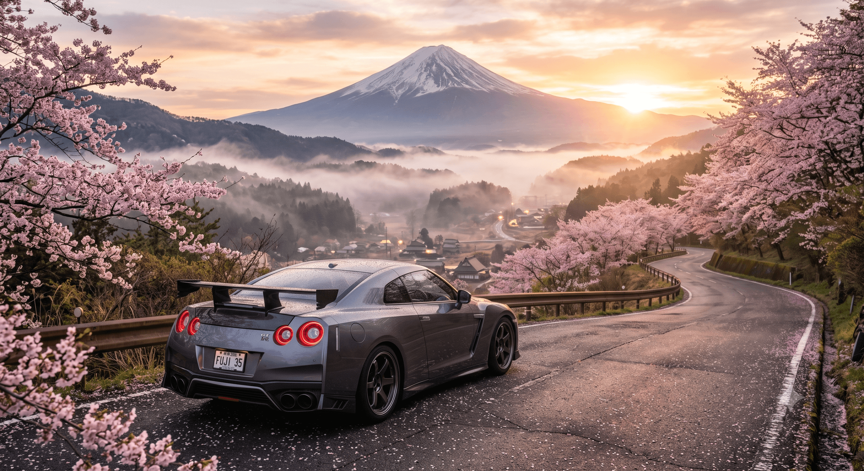 Nissan GT-R at Mount Fuji with Cherry Blossoms